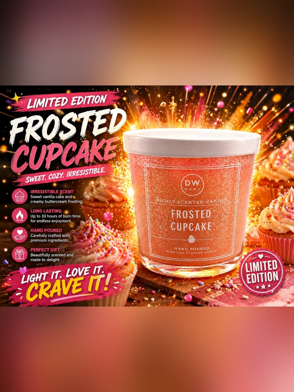 DW Home FROSTED CUPCAKE 9.3 oz Single Wick, 33 Hour Burn Time